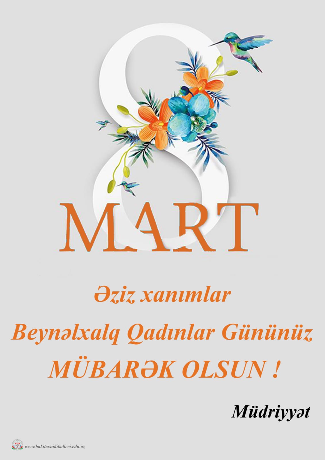 AzTu-nun nəzdində Bakı Texniki Kollecinin direktoru prof.Akif Cahangirovun "8 mart Beynəlxalq Qadınlar günü münasibətilə" təbriki.